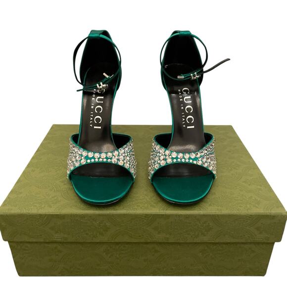 GUCCI Women's Satin High Heel Sandals with Crystals Size 37.5 US 7.5 Green New - Picture 7 of 16